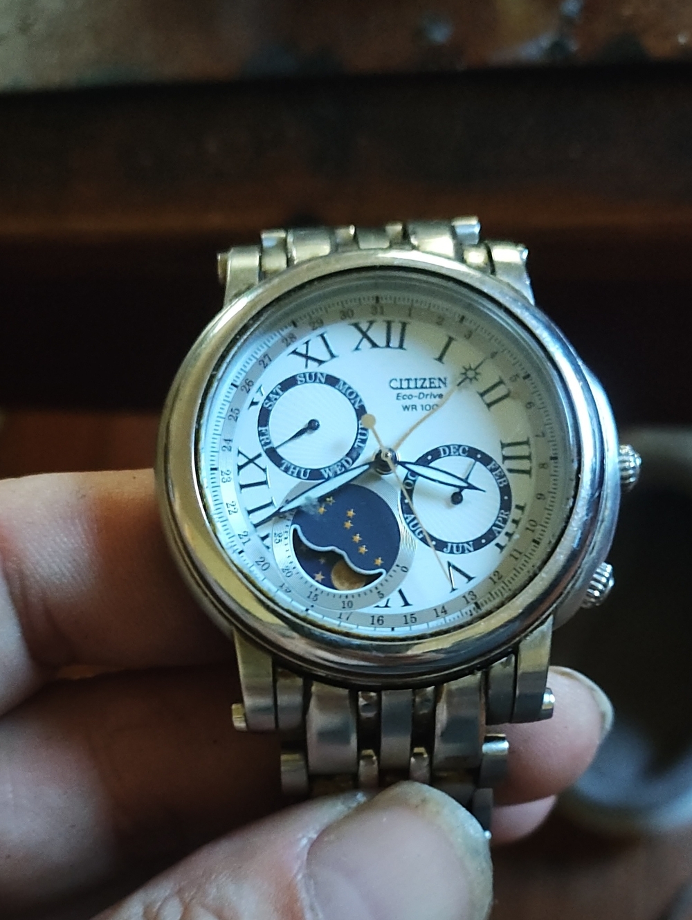 Citizen Men’s Silver and White Eco-Drive Moonphase Multi-Function Watch